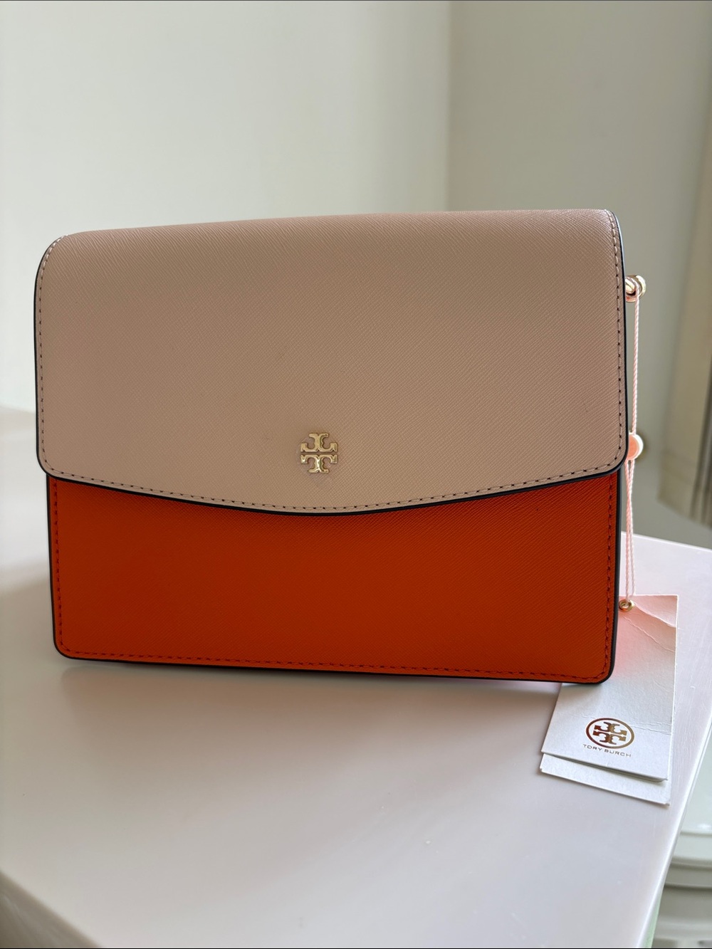 NWT Tory Burch Two-Tone Leather Crossbody in Beige and Orange